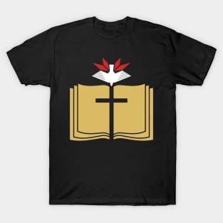 The cross of Jesus against the background of an open bible, on top is a dove - a symbol of the Spirit. T-Shirt